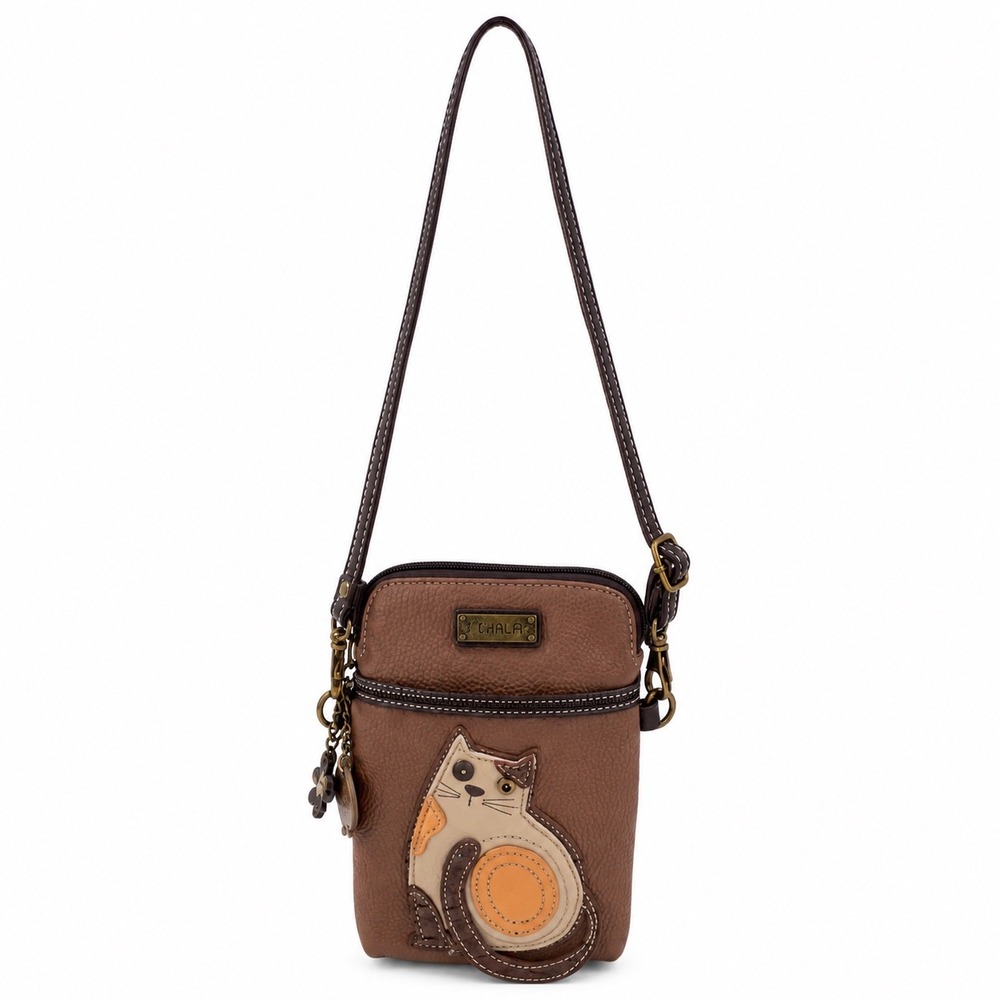 Chala Cell Phone Crossbody Bag Brown Vegan Leather Calico Cat Patch